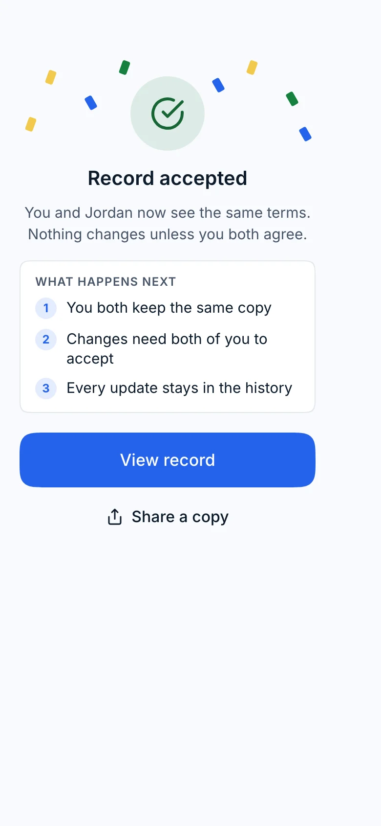 The confirmation that both people accepted the record